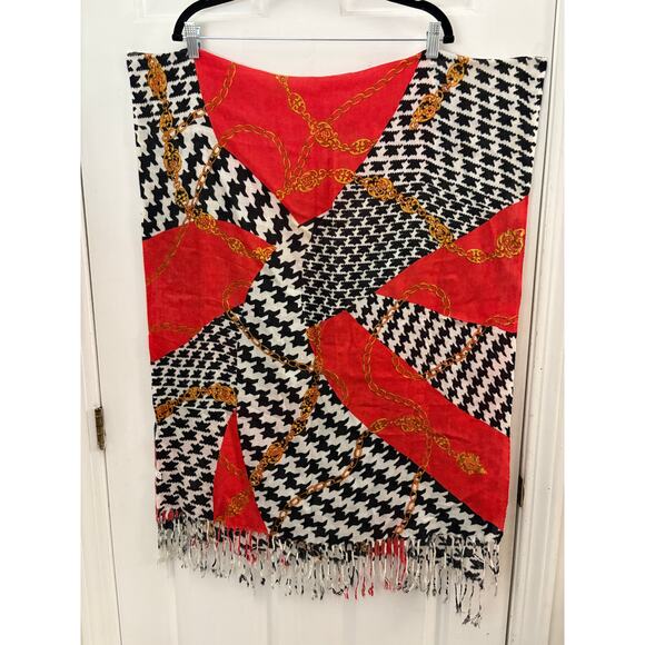 Red Silky Feel Scarf Multi Pattern Houndstooth Chain Links 100% Nylon Oblong - Picture 7 of 7